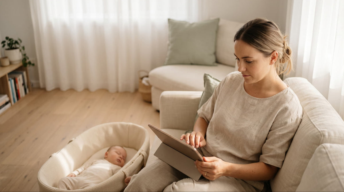 A parent sitting on the sofa beside their baby, who is lying in a bassinet
