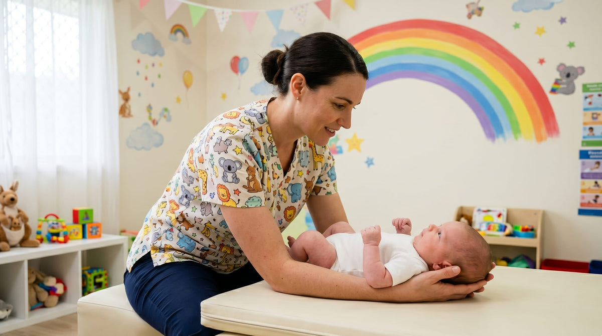 A paediatric clinician gently supporting a baby's head as the baby lies on a treatment table