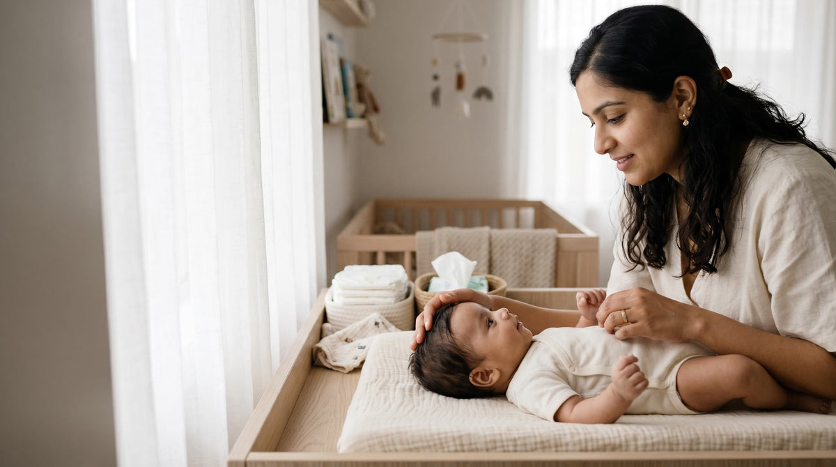 A mum smiling down at her baby on the change table